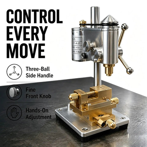 Mini Benchtop Drill Press With Variable Speed For Precision Watch Repair And Jewelry Making 0.01mm Accuracy, showcasing adjustable knobs and durable metal construction.