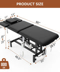 Black Electric Spine Massage Table With Dual Motors And Hydraulic Lift Adjustable Waist Support For Physical Therapy Facial Spa Waxing And Tattoo Clinics Versatile Treatment Bed dimensions on white background.