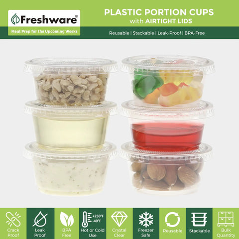 Heavy Duty 2 Oz Disposable Portion Cups With Airtight Lids Bulk 200 Piece Grab Bag For Meal Prep Salad Dressings Dipping Sauces Shot Glasses Lunch Boxes And Tailgate Nights