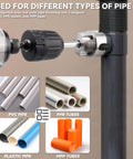 Dual Function PVC Pipe Threader Set For Internal And External Threads, Fits One Half Inch, Three Quarter Inch, And One Inch Pipes, Electric Drill Compatible Water Pipe Thread Cutting Kit For Easy Home Repairs, DIY Friendly By Yakamoz shown with electric drill and various pipe types