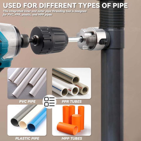 Dual Function PVC Pipe Threader Set For Internal And External Threads, Fits One Half Inch, Three Quarter Inch, And One Inch Pipes, Electric Drill Compatible Water Pipe Thread Cutting Kit For Easy Home Repairs, DIY Friendly By Yakamoz shown with electric drill and various pipe types