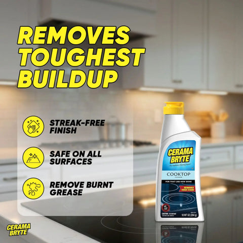 Glass Cooktop And Stove Top Cleaner Kit With Scraper, Razor, And Pad To Fight Tough Stains Bottle on Kitchen Counter