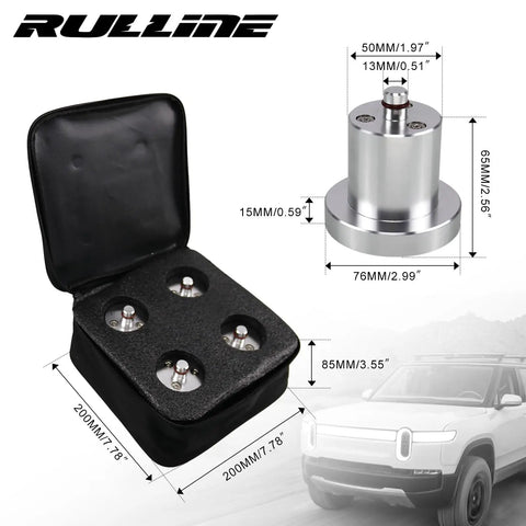 Super Sick Magnetic Jack Pads For Rivian R1T And R1S Four Piece Lift Station in compact case with dimensions and design details.
