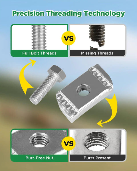 Comparison of full bolt threads and missing threads with burr-free nut versus one with burrs, demonstrating quality for 5/16 Inch 18 Nylon Strut Channel Cone Nut and Bolt Kit 20 Pack.