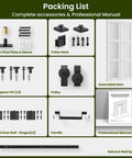 Packing list for Frosted Glass Bifold Barn Door 36in x 84in with hardware kit, assembled door, handle, and installation manual.