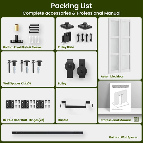 Packing list for Frosted Glass Bifold Barn Door 36in x 84in with hardware kit, assembled door, handle, and installation manual.