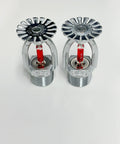 Two Rock Solid Pendent Fire Sprinkler Heads With Chrome Plated Copper Body 1/2 Inch Npt Thread on white background.