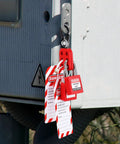 Lockout Tagout Kit For Electrical Safety, OSHA Compliant Industrial Lockout Set With 2 Padlocks, 1 Hasp on electrical panel