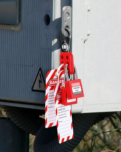 Lockout Tagout Kit For Electrical Safety, OSHA Compliant Industrial Lockout Set With 2 Padlocks, 1 Hasp on electrical panel