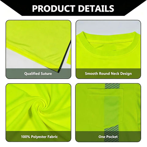 Men High Visibility Safety Tee Featuring Heat Bonded Reflective Strips Short Sleeve Work Shirt showing smooth neck design and polyester fabric.