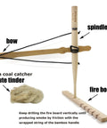 Primitive Friction Fire Starter Kit For Bushcraft And Camping with bamboo bow, spindle, fireboard, jute tinder visible