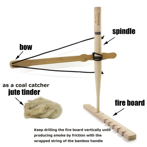 Primitive Friction Fire Starter Kit For Bushcraft And Camping with bamboo bow, spindle, fireboard, jute tinder visible