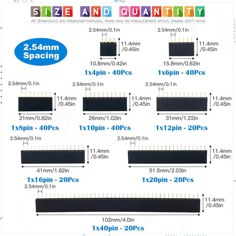 240 Piece 2.54mm Straight Single Row Female Pin Header Socket Connector Strip Assortment Kit with size and quantity chart.