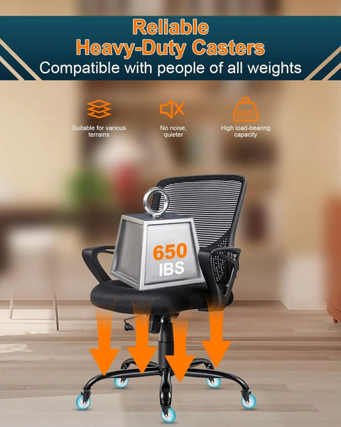 Office chair with Universal 3-Inch Heavy-Duty Chair Casters With Precision Ball Bearings For All Floor Surfaces installed