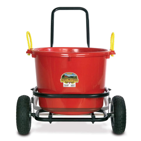 Heavy Duty Workhorse Muck Cart Utility Wagon 4 Pack Foldable Two Wheel Farm And Ranch Transport With Adjustable Handle, 70 Quart Tub, 350 Pound Capacity, Pneumatic Tires And Kickstand; front view with red tub