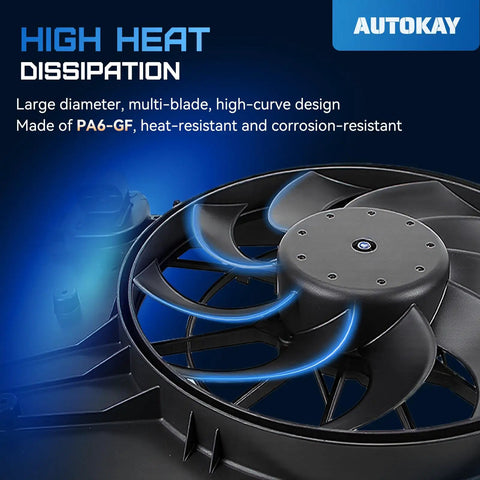 High performance dual electric radiator and condenser fan assembly featuring multi-blade design, heat-resistant PA6-GF material.