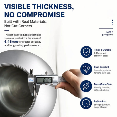 Detail of heavy duty candy coating machine showing 6.46mm thick stainless steel for durability and long-lasting performance.