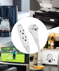 6 Ft 3-Outlet Heavy Duty Flat Plug Extension Cord 14-3 SJT White Grounded Ideal For Home Office Tools Appliances And Lighting Decor Power Multiple Devices At Once With Extended Reach For Lamps Computers Kitchen Tools And Home Decor Equipment shown with various home appliances like coffee maker, printer, TV, and toaster.
