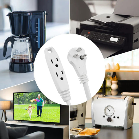 6 Ft 3-Outlet Heavy Duty Flat Plug Extension Cord 14-3 SJT White Grounded Ideal For Home Office Tools Appliances And Lighting Decor Power Multiple Devices At Once With Extended Reach For Lamps Computers Kitchen Tools And Home Decor Equipment shown with various home appliances like coffee maker, printer, TV, and toaster.