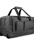 Gray 49L rolling travel duffle bag with wheels and telescoping handle, ideal for weekend getaways and gym trips.