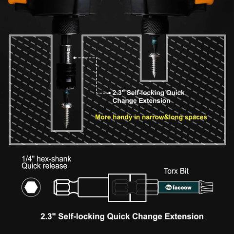 Impact Torx Bit Set 26 Piece Heavy Duty With S2 Steel Magnetic Bits showing 2.3" self-locking quick change extension diagram.