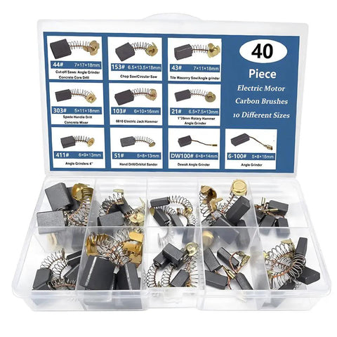 Top-Notch 40-Piece Electric Motor Carbon Brushes Set in 10 Handy Sizes, visible in a transparent case, for power tools repair.