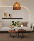 Seagrass Chandelier With Handwoven Rattan Wicker, Rustic Ceiling Hanging Light Fixture in cozy living room setting.