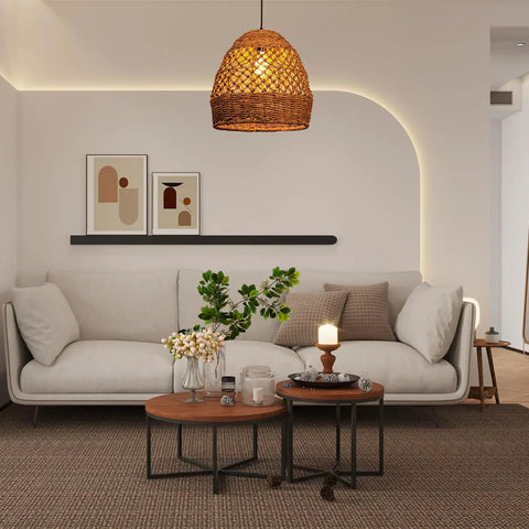 Seagrass Chandelier With Handwoven Rattan Wicker, Rustic Ceiling Hanging Light Fixture in cozy living room setting.