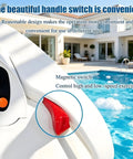 Close-up of electric hydrofoil surfboard handle switch by a pool, showcasing magnetic switch for speed control, 2023 model