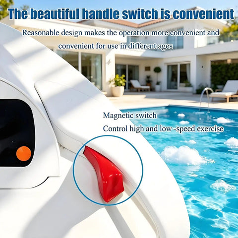 Close-up of electric hydrofoil surfboard handle switch by a pool, showcasing magnetic switch for speed control, 2023 model