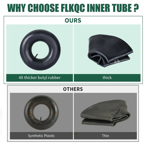 Comparison of 2 Pack Heavy Duty 13x6.50-6 Inner Tubes With TR-13 Valve Stem and synthetic plastic tubes highlighting thickness.