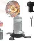 Dual Fuel Portable Heater For Camping With 1Lb Propane Or Iso Butane Canisters One Click Ignition And Self Ignition Safety Tip Over Protection Base Compact Outdoor Heater For Tents Ice Fishing Backpacking Survival Gear showing heater with foldable base and accessories
