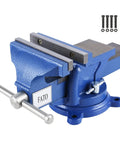 8 Inch Heavy Duty Bench Vise With 360 Degree Swivel Base And Anvil, Rugged Ductile Iron Build For Home Shop, Blue Finish, visible screws