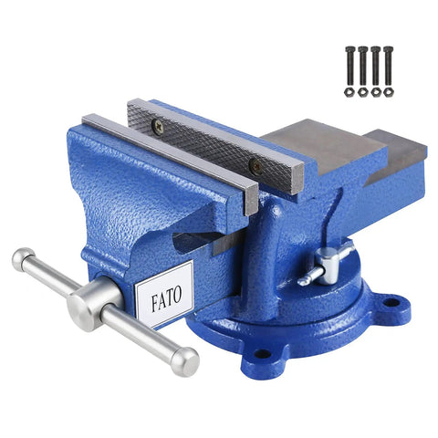 8 Inch Heavy Duty Bench Vise With 360 Degree Swivel Base And Anvil, Rugged Ductile Iron Build For Home Shop, Blue Finish, visible screws