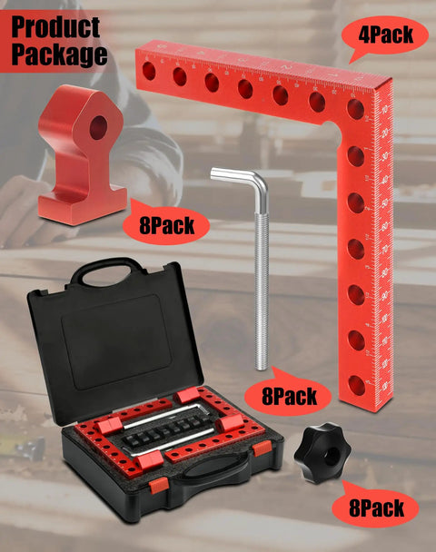 Corner Clamps For Woodworking 90 Degree Right Angle Positioning set with red aluminum squares and black case