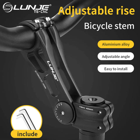 Close-up of adjustable bike stem, 31.8mm with 120 degree ergonomic MTB angle, 6061 T6 aluminum, matte black finish, for road and city bikes.