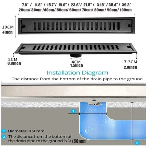 Heavy Duty Linear Shower Drain With Quick Swap Hair Strainer And Rust Proof 304 Stainless Steel Sleek Low Profile installation diagram dimensions