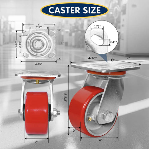 Heavy Duty Casters Set Of 4 Featuring Rock Solid Polyurethane Wheels And Cast Iron Cores For A Bump Free Roll, size 4 inches with red wheels.