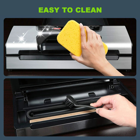 Potane Precision Vacuum Sealing Machine, stainless steel, front view; interior shows bag storage and cleaning brush.
