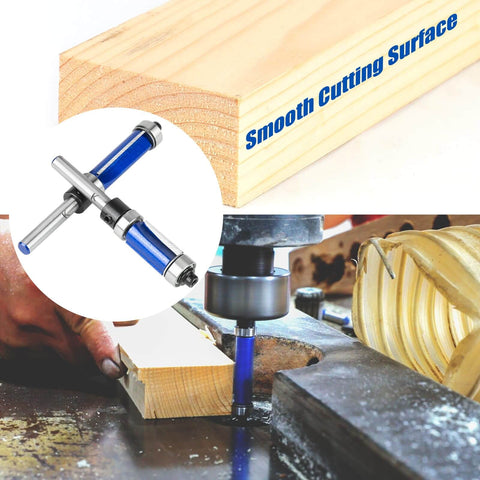 Top And Bottom Bearing Flush Trim Router Bit Set With One Quarter Inch Shank, Carbide Cutter in use for smooth edge trimming.