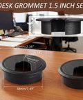 10 Pack Black Desk Cable Grommets for Easy Wire Management, Plastic Hole Covers That Hide Cords and Keep Your PC Desk Clean, 1.5 Inch Size, shown with measurements on a desk