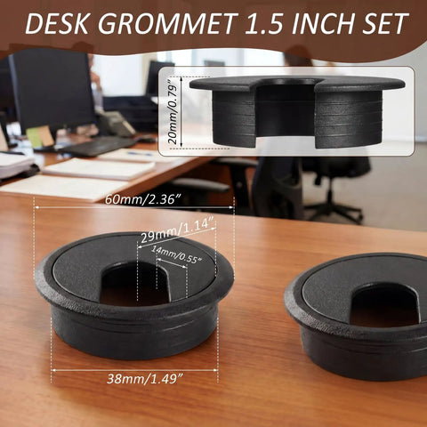 10 Pack Black Desk Cable Grommets for Easy Wire Management, Plastic Hole Covers That Hide Cords and Keep Your PC Desk Clean, 1.5 Inch Size, shown with measurements on a desk
