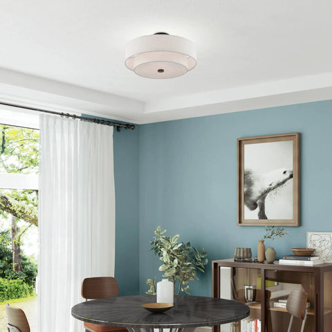 Four Light Semi Flush Mount Ceiling Fixture In English Bronze With Oatmeal Fabric Hardback Drum Shade And Satin White Diffuser
