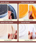 8-piece 6-inch buffing wheel kit for bench grinder with 1/2-inch arbor; denim, yellow cotton, white cotton, flannel wheels.