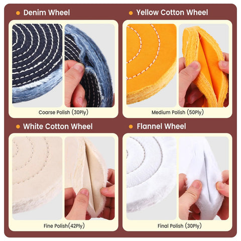 8-piece 6-inch buffing wheel kit for bench grinder with 1/2-inch arbor; denim, yellow cotton, white cotton, flannel wheels.