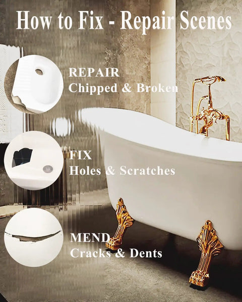How to fix bath surfaces using White All In One Bath Repair Kit For Enamel Porcelain Ceramic Tub Sink Shower Tray Tile And Toilet Cracks Chips Holes Scratches With 1 To 1 A And B Resin Mix And Pro Grade Tools For Quick Fix.
