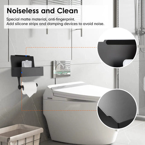 Toilet Paper Holder With Shelf And Wet Wipes Dispenser Stainless Steel Wall Mount Bathroom Organizer, black finish, installed by toilet