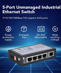 Five-Port Unmanaged Industrial Gigabit Ethernet Switch For DIN Rail Mount, Auto-Negotiating 10/100/1000 Base-T(X) RJ45 Ports