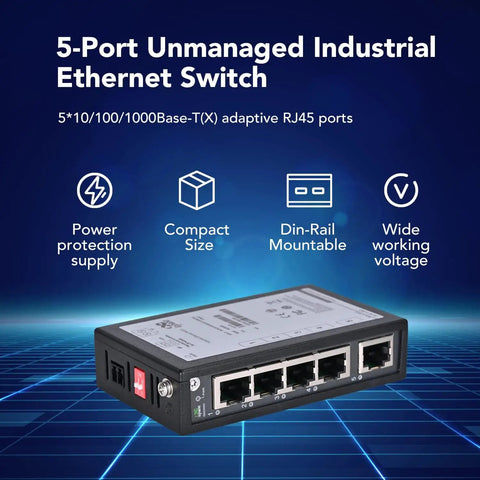 Five-Port Unmanaged Industrial Gigabit Ethernet Switch For DIN Rail Mount, Auto-Negotiating 10/100/1000 Base-T(X) RJ45 Ports
