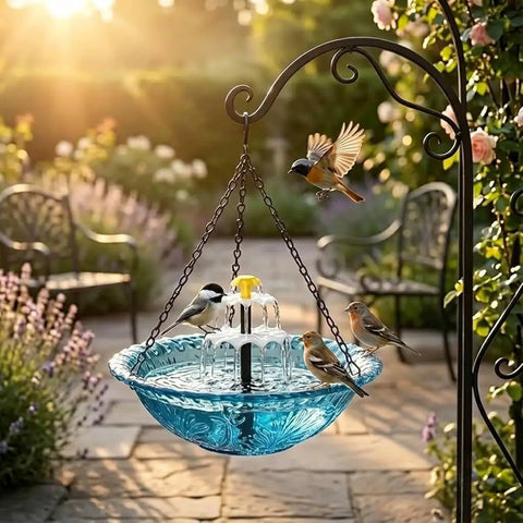3 Tier Solar Powered Hanging Bird Bath Fountain With Blue Bowl For Hummingbirds, Outdoor Garden Patio Yard Decor That Delivers Chill Water Cascade, No Wires, No Batteries in garden setting with birds